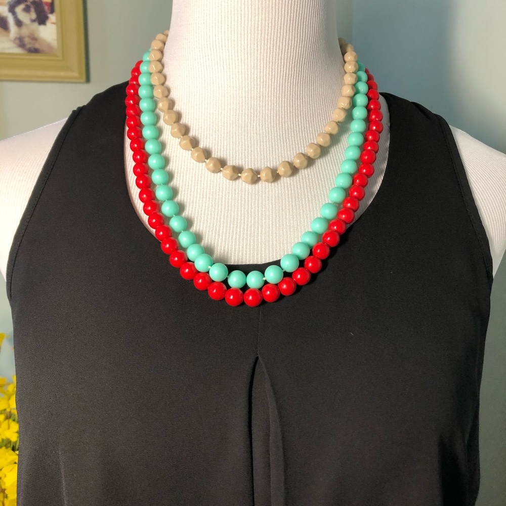 Three Beaded Necklaces, Tan, Green, Red